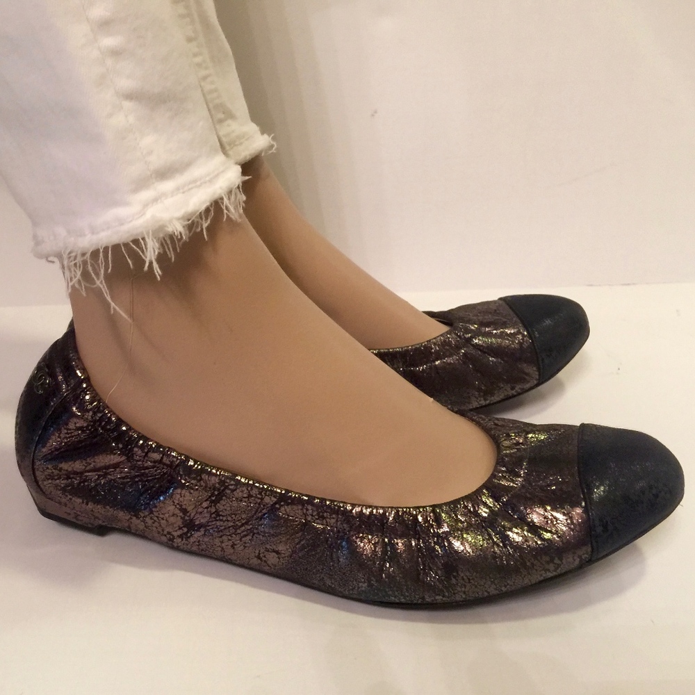 CHANEL Metallic Leather Distressed Ballet Flats